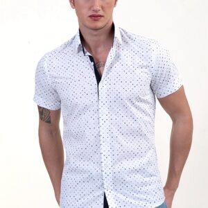 NWT Denim & Flower Men's White and Blue Dobby & Dots Patterned Shirt.  Sz Small.